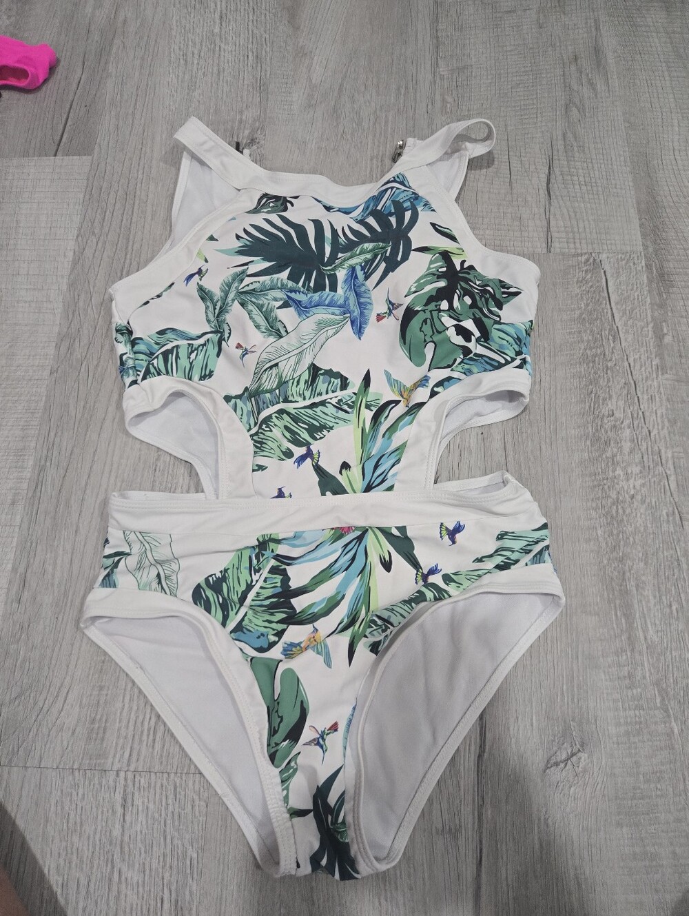 Tropical Leaf Cutout One-Piece Swimsuit - White with Green/Blue Print